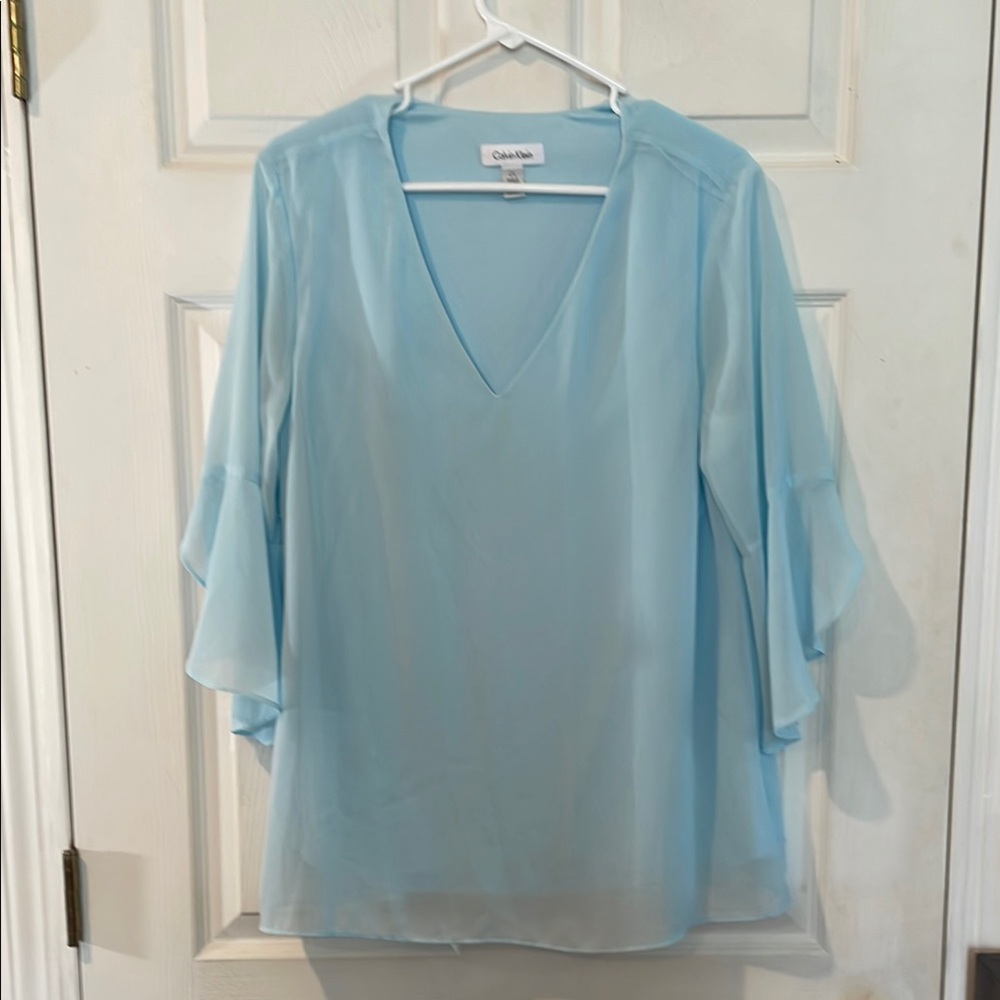 Calvin Klein Size Large Sky Blue V-Neck Blouse